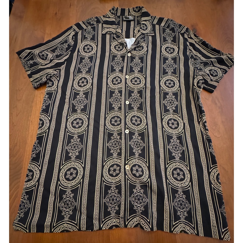Level Ten Mens Black Gold Baroque Greek Key Print Rayon Short Sleeve Shirt M